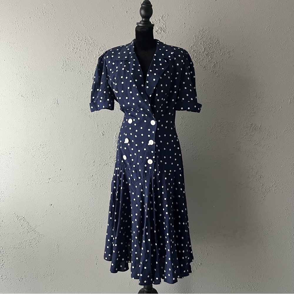 Retro 50s 80s vintage American PHOEBE navy blue polka dot white womens medium-l